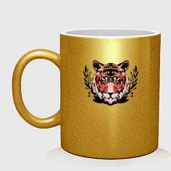 Кружка керамическая Рыжий тигр в траве, цвет: золотой