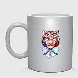 Кружка керамическая Акварельный рыжий тигр с голубым бантом, цвет: серебряный
