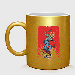 Кружка керамическая Fire skull Skateboarding man on a red background E, цвет: золотой