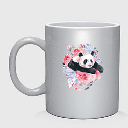 Кружка керамическая Панда среди летних цветов, цвет: серебряный
