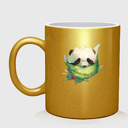 Кружка керамическая Детёныш панды в гнезде из листьев, цвет: золотой