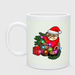 Кружка керамическая Новогодний манул с подарком, цвет: фосфор