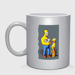Кружка керамическая Homer Simpson and cats - нейросеть арт, цвет: серебряный