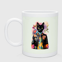 Кружка керамическая Чёрный кот модник - нейросеть, цвет: фосфор