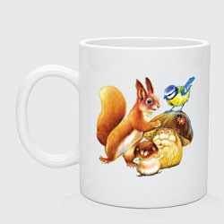 Кружка керамическая Белка и грибы с птицей, цвет: белый