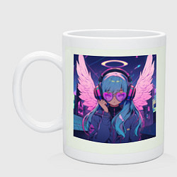Кружка керамическая Милая аниме девочка-ангел в больших неоновых наушн, цвет: фосфор