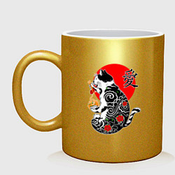 Кружка керамическая Котик - якудза и иероглиф, цвет: золотой