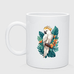 Кружка керамическая Попугай какаду и тропические листья, цвет: белый