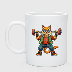 Кружка керамическая Крутой рыжий кото держит гантель, цвет: белый