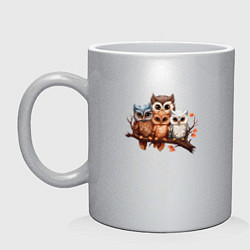 Кружка керамическая Четыре совы на ветке, цвет: серебряный