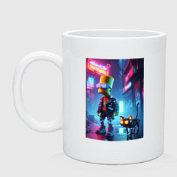 Кружка керамическая Барт Симпсон гуляет с роботом котом в ночном город, цвет: белый