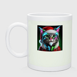 Кружка керамическая Новогодний кибер котик - нейроарт, цвет: фосфор