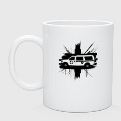 Кружка керамическая Скорая помощь черный силуэт на фоне всплеска, цвет: белый