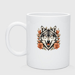 Кружка керамическая Голова волка в цветах, цвет: белый