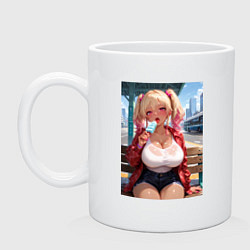 Кружка керамическая Симпотная девушка-гяру с мороженным - аниме, цвет: белый