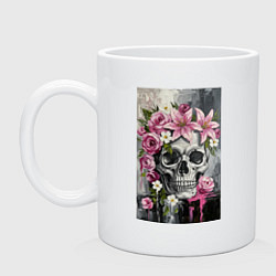 Кружка керамическая Череп в розовых цветах, цвет: белый