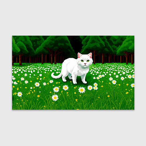 Бумага для упаковки Белый кот на лугу пиксель арт / 3D-принт – фото 1