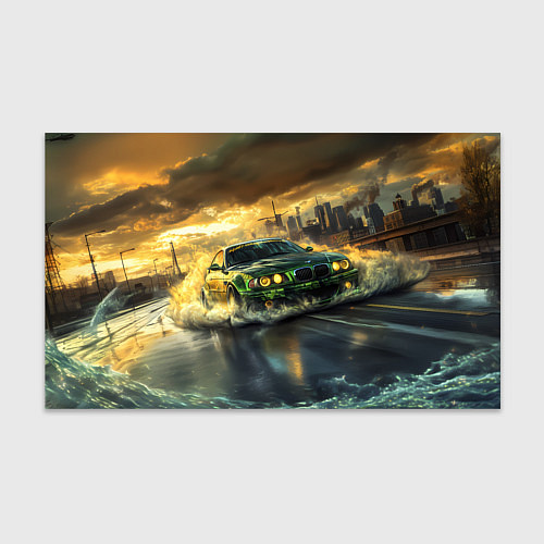 Бумага для упаковки Зеленый BMW волны на асфальте / 3D-принт – фото 1