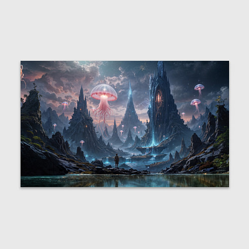 Бумага для упаковки Фантастический мир с медузами и озеро у гор / 3D-принт – фото 1
