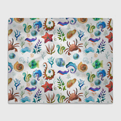 Плед флисовый Морской паттерн с крабами и водорослями, цвет: 3D-велсофт