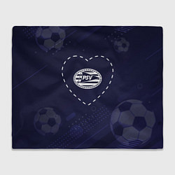 Плед флисовый Лого PSV в сердечке на фоне мячей, цвет: 3D-велсофт