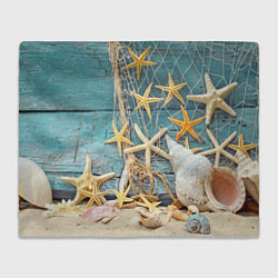 Плед флисовый Натюрморт из сети, морских звёзд и ракушек - лето, цвет: 3D-велсофт