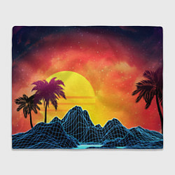 Плед флисовый Тропический остров на закате ретро иллюстрация, цвет: 3D-велсофт