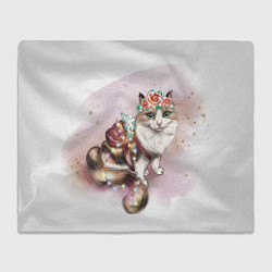Плед флисовый Милая кошечка с цветами, цвет: 3D-велсофт