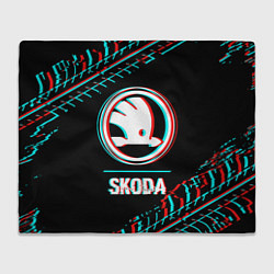 Плед флисовый Значок Skoda в стиле glitch на темном фоне, цвет: 3D-велсофт