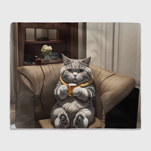 Плед Кот сидит на диване с напитком / 3D-Велсофт – фото 1