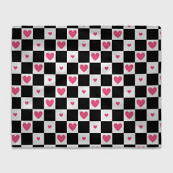 Плед флисовый Розовые сердечки на фоне шахматной черно-белой дос, цвет: 3D-велсофт