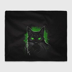 Плед флисовый Портрет черного кота в зеленом свечении, цвет: 3D-велсофт