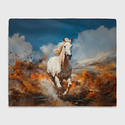 Плед флисовый Белая лошадь скачет в поле, цвет: 3D-велсофт