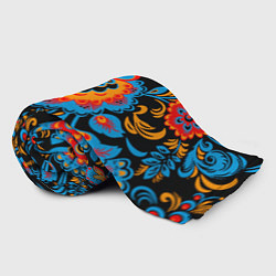 Плед флисовый Хохломская роспись разноцветные цветы на чёроном ф, цвет: 3D-велсофт — фото 2