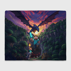 Плед флисовый Дракон края и Стив - Майнкрафт арт, цвет: 3D-велсофт