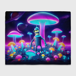 Плед флисовый Робот-сгибальщик Бендер на поляне неоновых грибов, цвет: 3D-велсофт