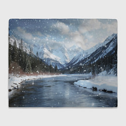 Плед флисовый Снежный горный пейзаж с елями и рекой, цвет: 3D-велсофт