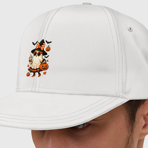 Кепка снепбек Модное привидение с кофе на хэллоуин / Белый – фото 1