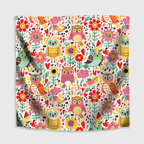 Скатерть для стола Красочные совы и цветы / 3D-принт – фото 1