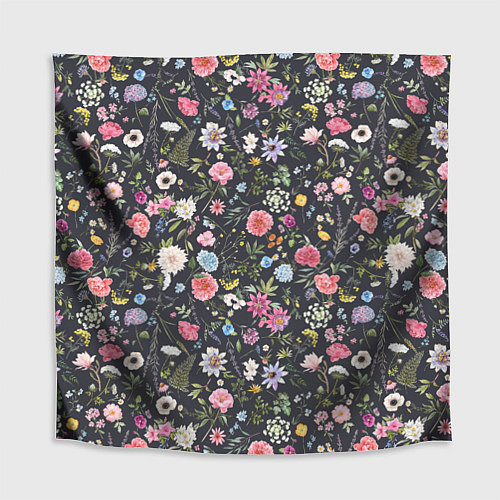 Скатерть для стола Разные цветы, листья, травы на темном фоне / 3D-принт – фото 1