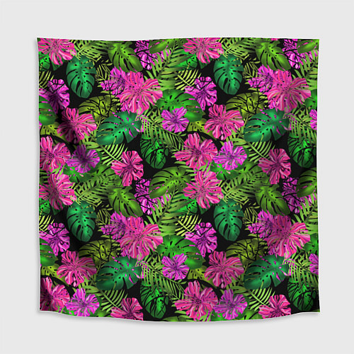 Скатерть для стола Тропические листья и цветы на черном фоне / 3D-принт – фото 1