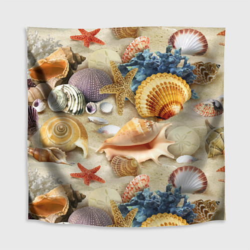 Скатерть для стола Морские раковины, кораллы, морские звёзды на песке / 3D-принт – фото 1