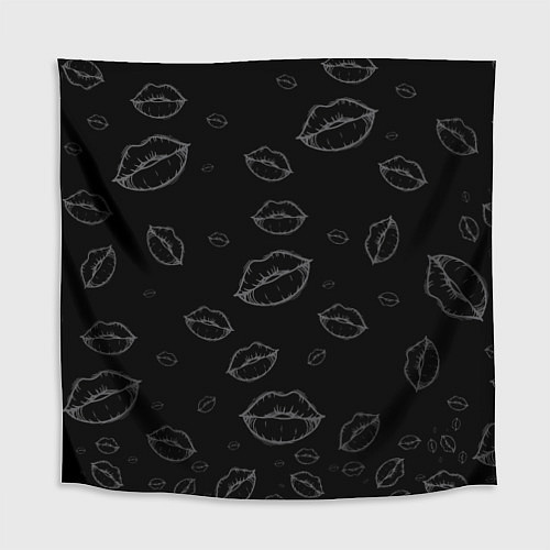 Скатерть для стола Паттерн серый контур губ на чёрном - lips black / 3D-принт – фото 1