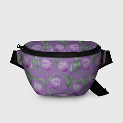 Поясная сумка Фиолетовые тюльпаны с зелеными листьями, цвет: 3D-принт