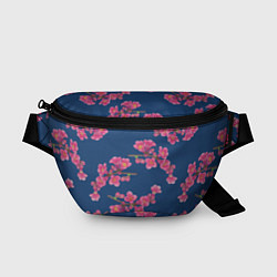Поясная сумка Веточки айвы с розовыми цветами на синем фоне