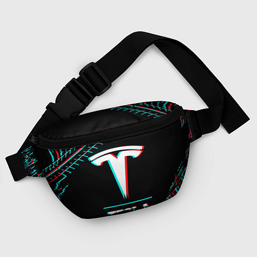 Поясная сумка Значок Tesla в стиле Glitch на темном фоне / 3D-принт – фото 4
