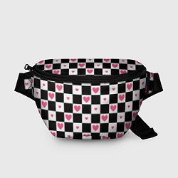 Поясная сумка Розовые сердечки на фоне шахматной черно-белой дос