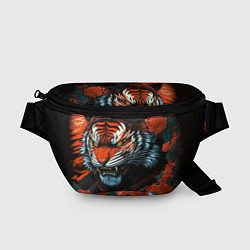 Поясная сумка Тигр с розами на волнах в стиле тату ирезуми, цвет: 3D-принт