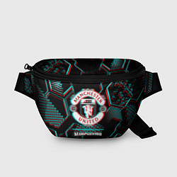 Поясная сумка Manchester United FC в стиле glitch на темном фоне, цвет: 3D-принт