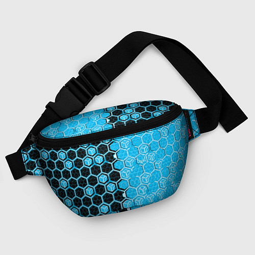 Поясная сумка Техно-киберпанк шестиугольники голубой и чёрный / 3D-принт – фото 4